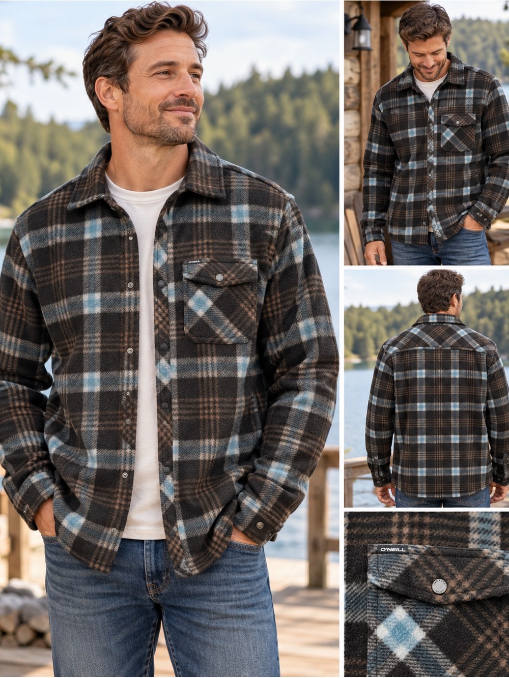 O’Neill Men’s M Plaid Fleece Shirt Jacket Shacket Black Blue Brown Snap Front